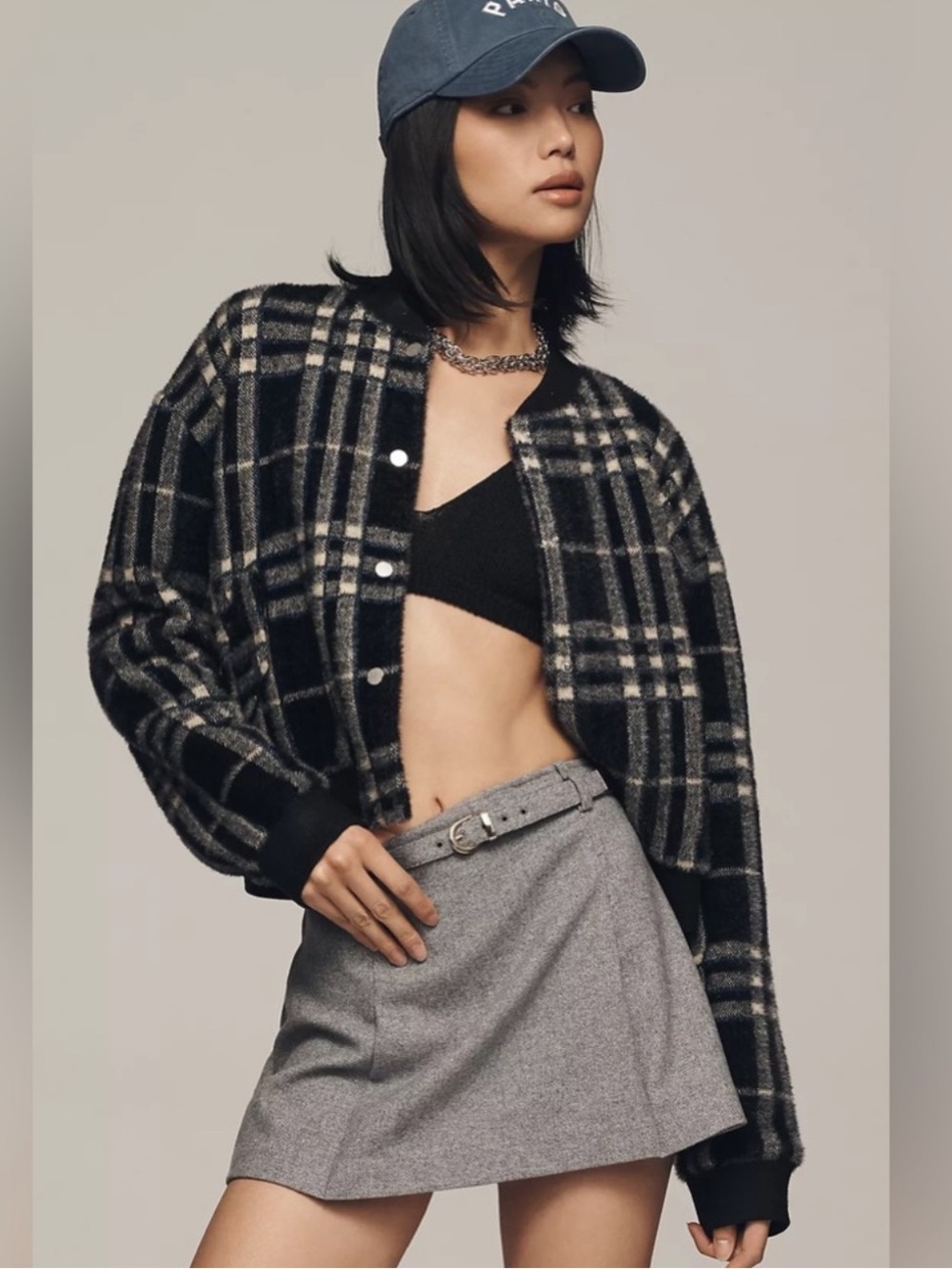 Anthropologie Black, Blue & Cream Plaid Cropped Bomber